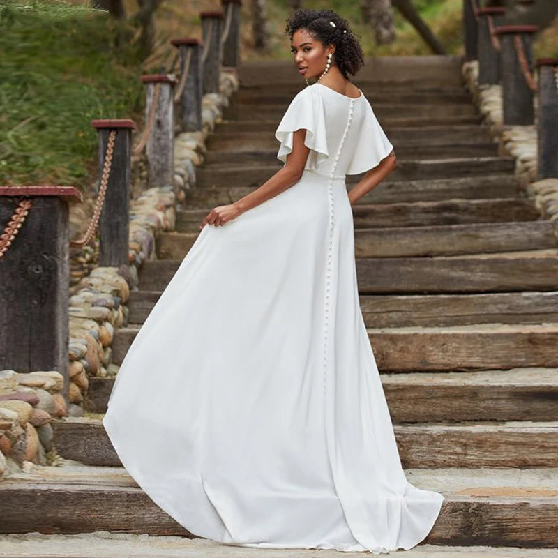10195# Real Photos Simple Boat Neck Ruffles Sleeves A-line Wedding Dress Sweep Train Bridal Gown for Women Vestido De Novia