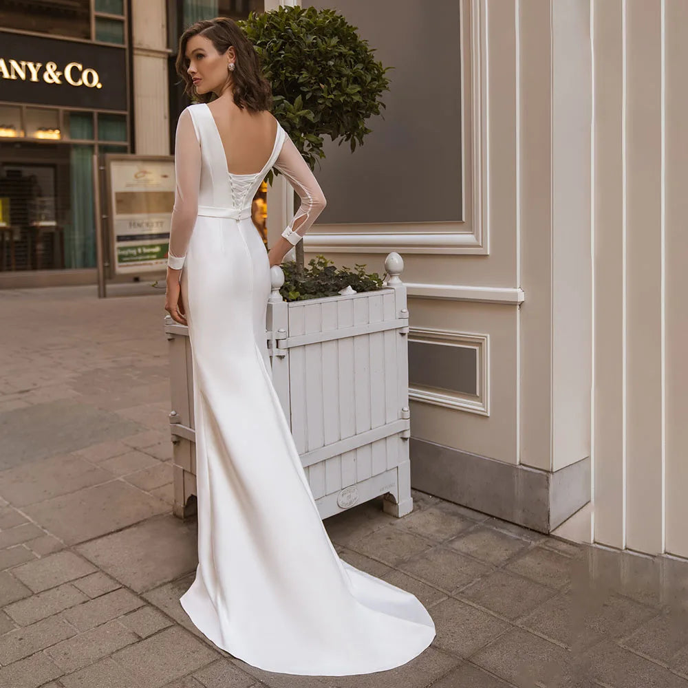 8209#Real Photos Sheer Long Sleeve O-Neck Open Corset Back Sheath Soft Satin Sweep Train Wedding Dress Wedding Bridal Gown