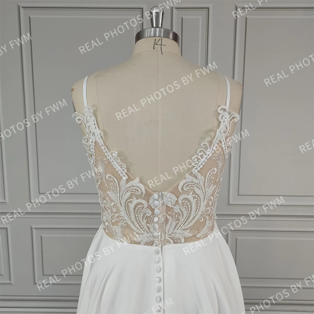 Real Photos Simple Spaghetti Straps V-neck A-line Chiffon Wedding Dress Beading Sequined Lace Backless Bride Gown for Women
