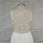 Real Photos Simple Spaghetti Straps V-neck A-line Chiffon Wedding Dress Beading Sequined Lace Backless Bride Gown for Women