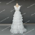100% Real Photos Elegant V-Neck Sleeveless Tiered Tulle Ball Gown for Wedding Backless Ruffles A-line Wedding Dress for Women