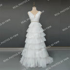 100% Real Photos Elegant V-Neck Sleeveless Tiered Tulle Ball Gown for Wedding Backless Ruffles A-line Wedding Dress for Women