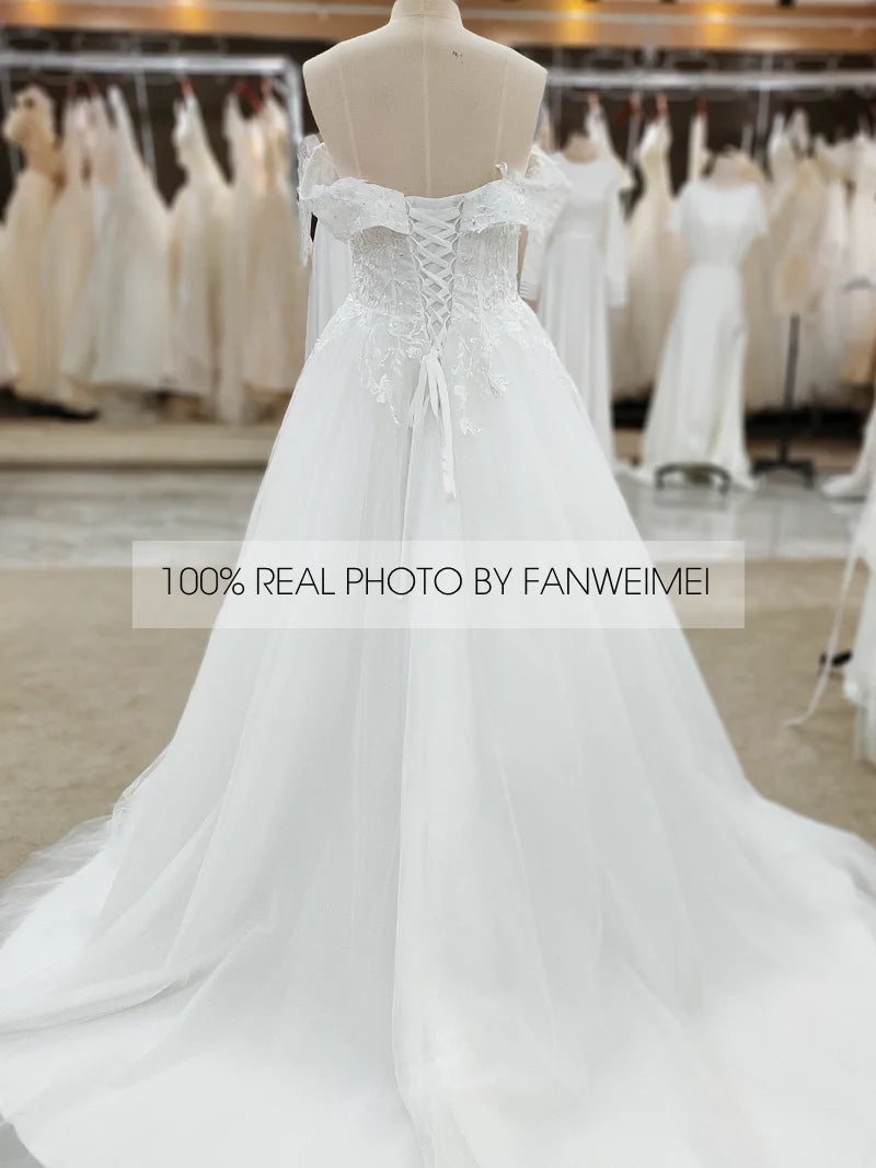 9177#Real Photos Strapless Off-Shoulder Sweetheart Short Sleeve Backless Lace Applique  Bride Gown Wedding Dress Elegant
