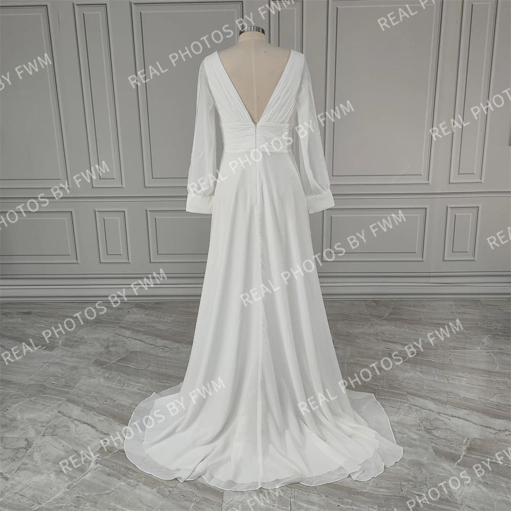 Real Photos High Quality Simple Puffy Sleeves A-line Pleat Chiffon Wedding Dress Elegant Bride Gown for Women 13263