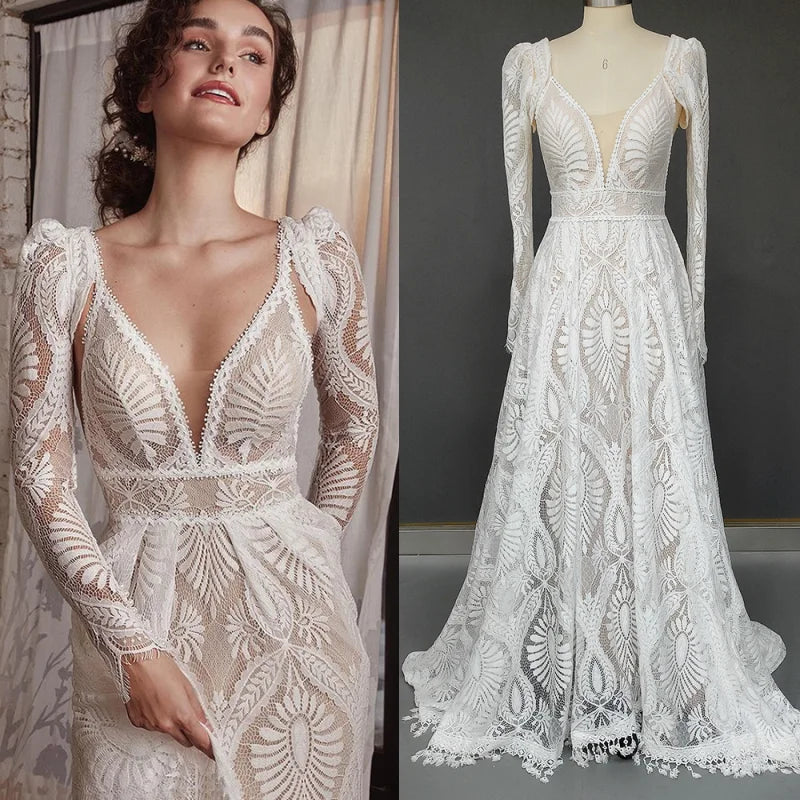 8259#Real Photos Spaghetti Strap Lace Bohemian Deep V-Neck Open Back Illusion Wedding Dress Wedding Bridal Gown