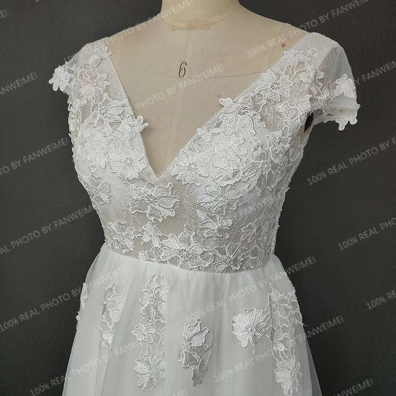 Real Photos Cap Sleeves 3D Flowers Appliques Lace A-line Wedding Dress Sweep Train V-Neck Bride Gown Bridal Dress for Women
