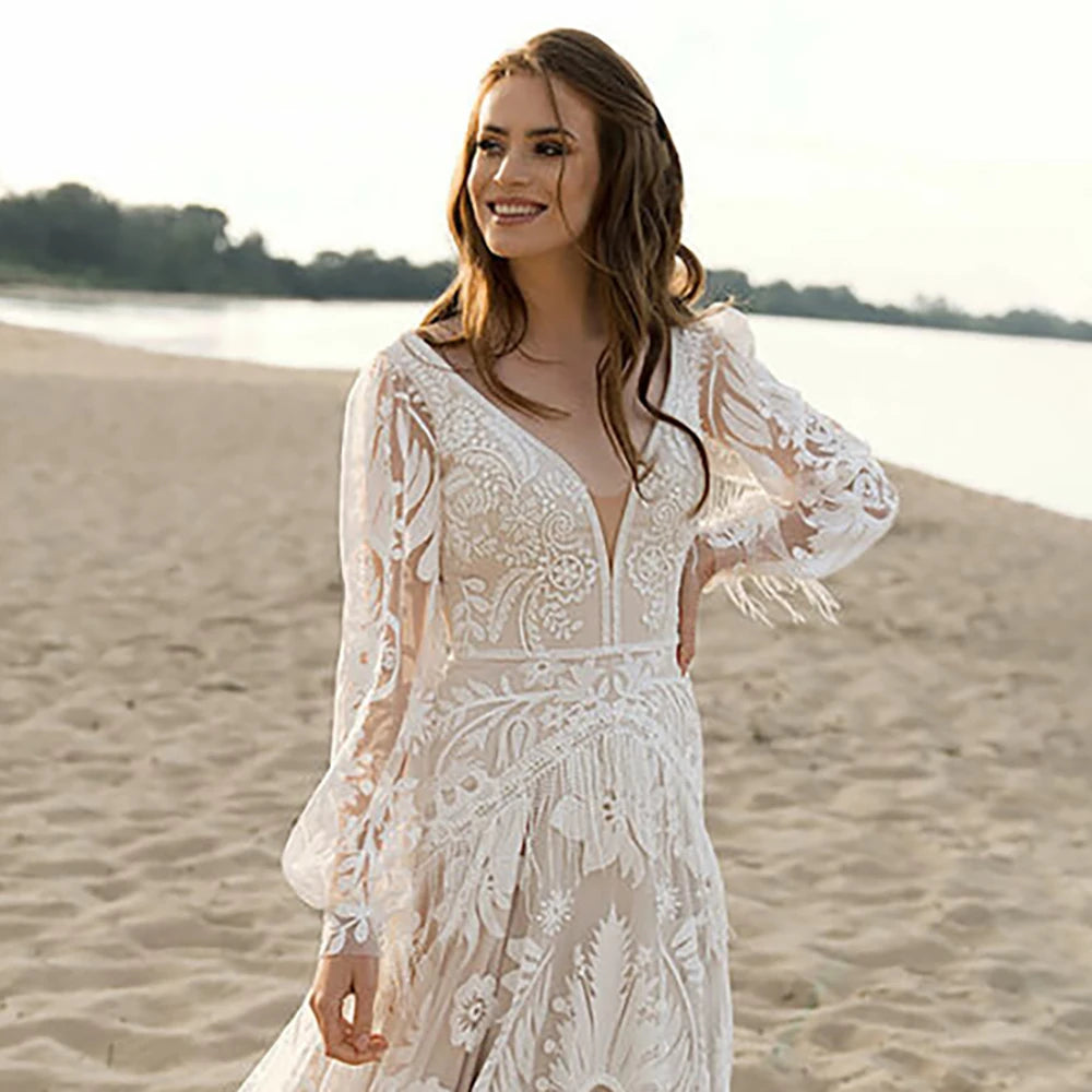 12582# Real Photos Bohemia Sweep Train V-Neck A-line Wedding Dress Appliques Lace Bridal Gown With Tassel Puffy Sleeves