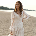 12582# Real Photos Bohemia Sweep Train V-Neck A-line Wedding Dress Appliques Lace Bridal Gown With Tassel Puffy Sleeves