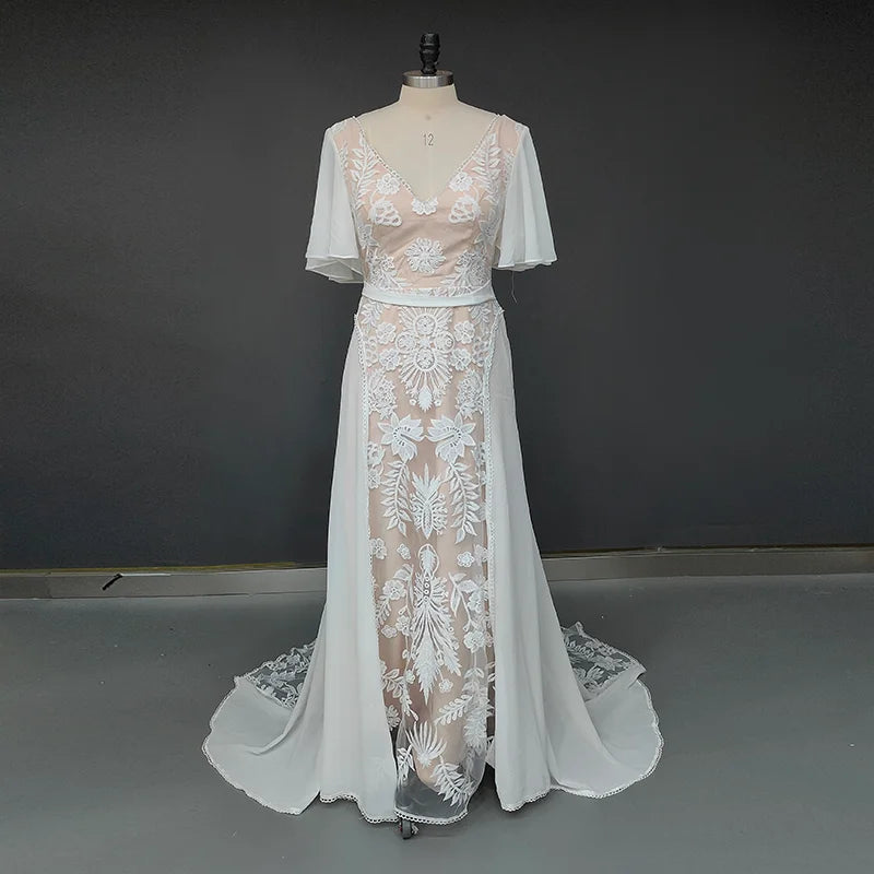 10926#Real Photos Flare Sleeve Lace Bohemian Beach V-Neck Open Back Illusion Wedding Dress Wedding Bridal Gown