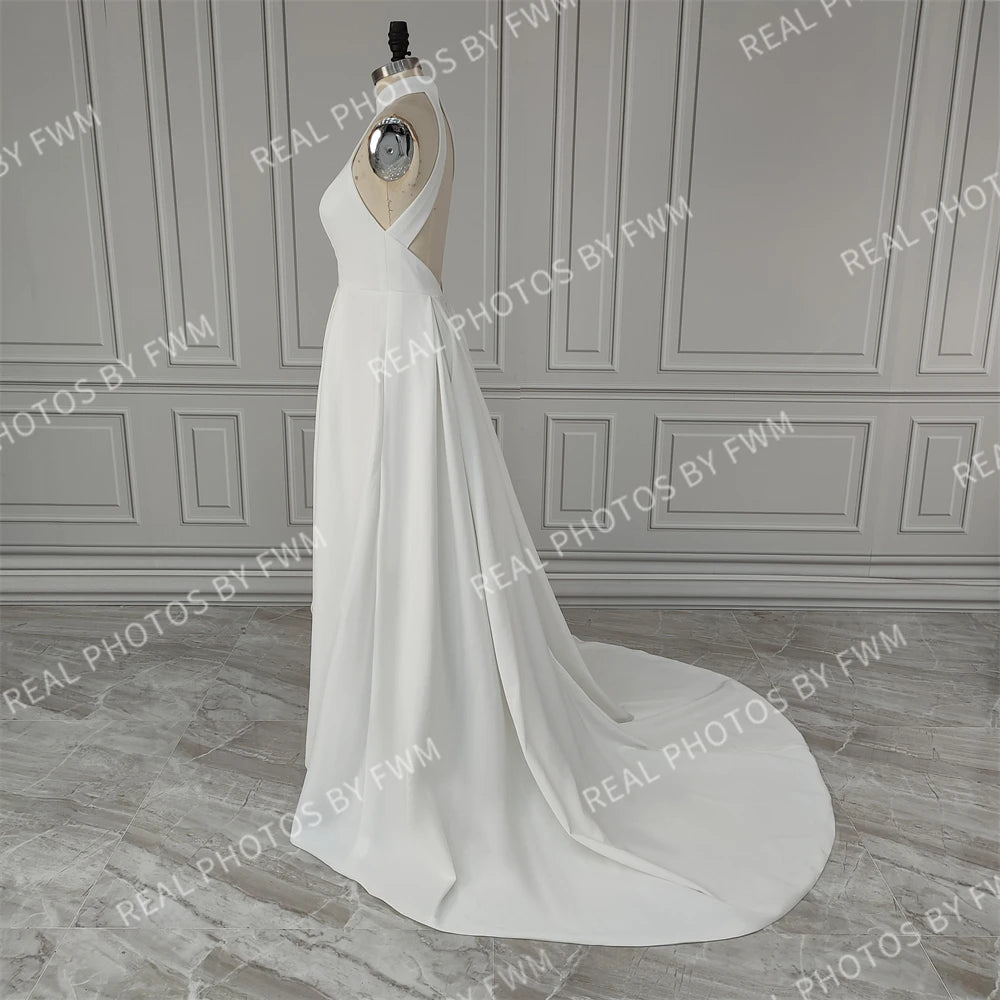 Real Photos Simple Halter Neck Backless A-line Wedding Dress Elegant High Low Satin Bride Gown for Women