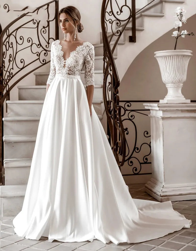 9355# Real Photos Boho 3/4 Sleeves V-neck Appliques Lace A-line Satin Wedding Dress Low Back Sweep Train Bride Gown for Women