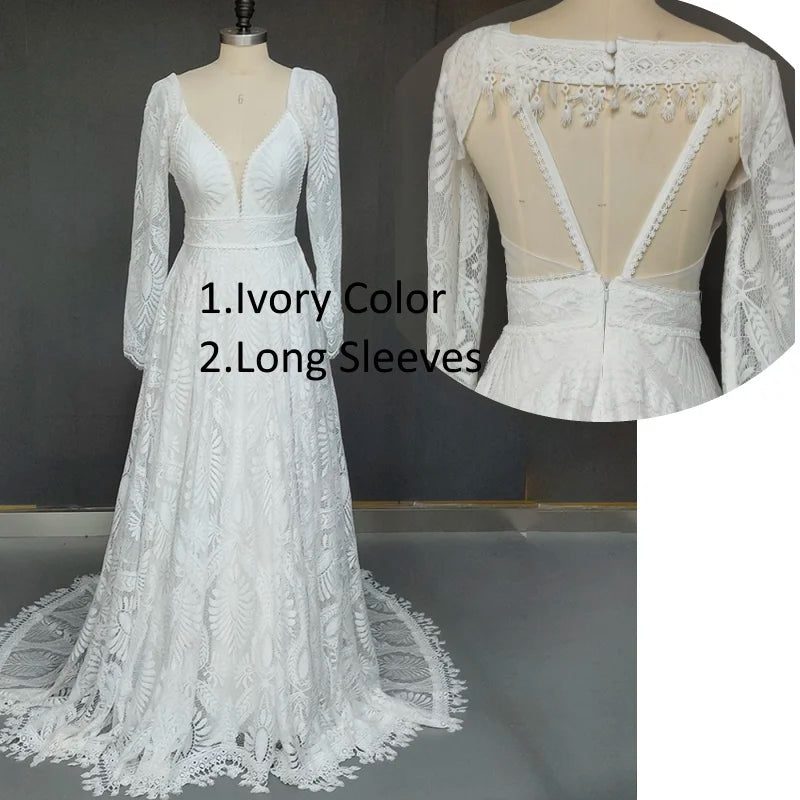 8259#Real Photos Spaghetti Strap Lace Bohemian Deep V-Neck Open Back Illusion Wedding Dress Wedding Bridal Gown