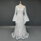 Real Photos Boho Flare Bell Sleeve Appliques Lace Wedding Dress V-Neck Backless Sweep Train Woman Bridal Gown for Wedding