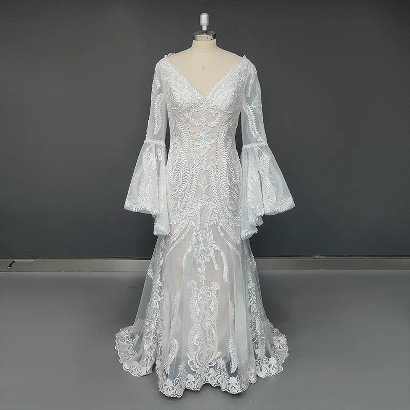 Real Photos Boho Flare Bell Sleeve Appliques Lace Wedding Dress V-Neck Backless Sweep Train Woman Bridal Gown for Wedding
