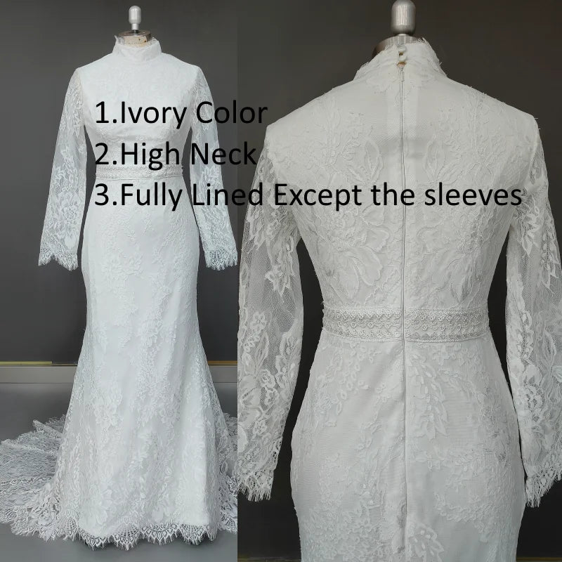 4198#  Real Photos Sweep Train  Arabic Spring Mermaid Online Long Sleeves Lace Champagne Wedding Gowns Bride Dresses