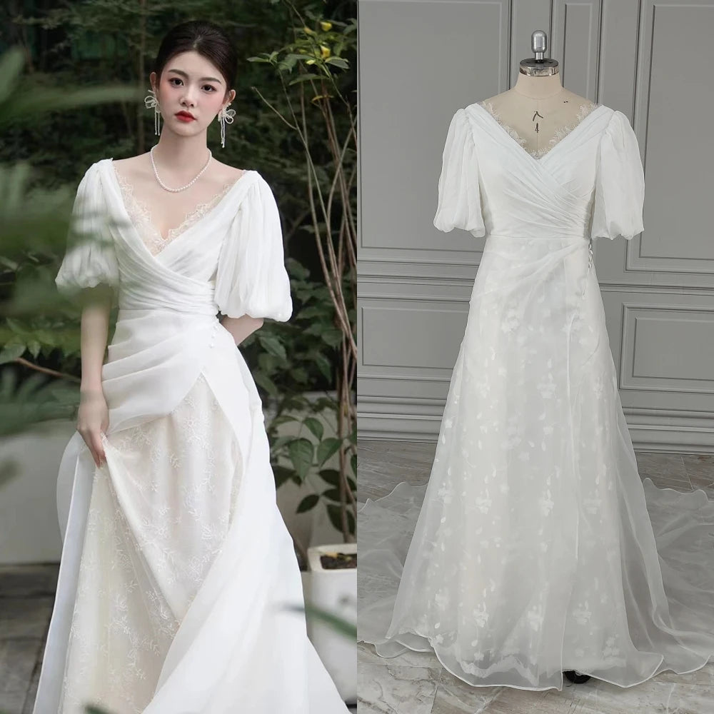 2352# Real Photo Simple V-Neck Puffy Sleeves A-line Organza Wedding Dress Backless Lace Bride Gown for Women Evening Dress