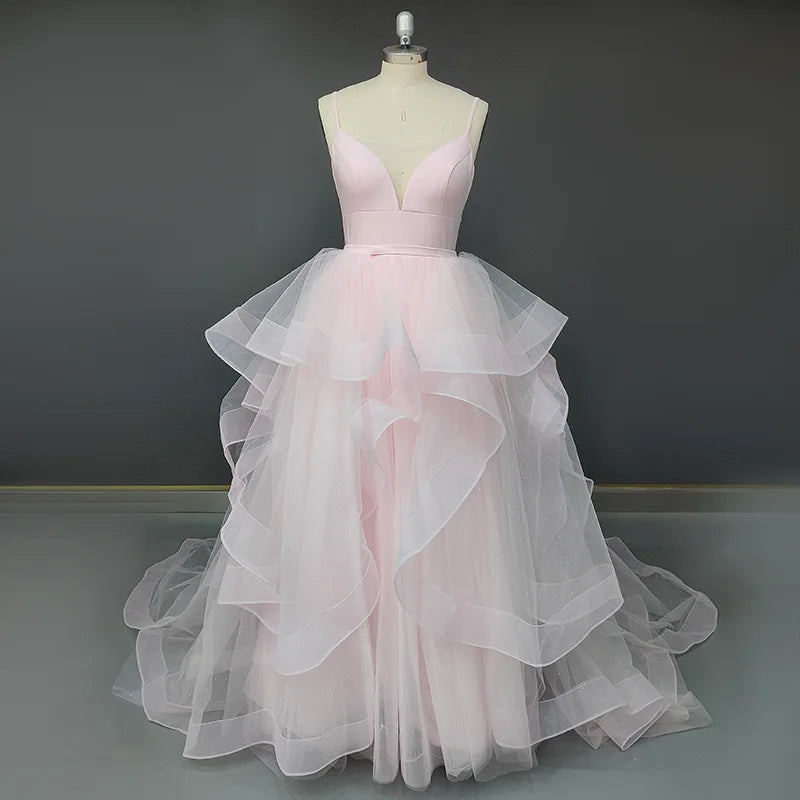 11475# Real Photos Pink Spaghetti StrapsA-Line SweepTrain Open Back V-Neck Tiered Wedding Dress Wedding Gown Bridal Gown
