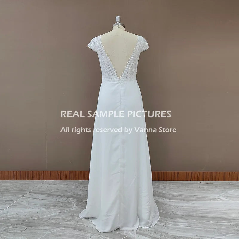 9699# Real Photos Boho Lace Chiffon Wedding Dresses V Neck Backless Beach Bride Gown for Women Cap Sleeve Sweep Train Bohemian