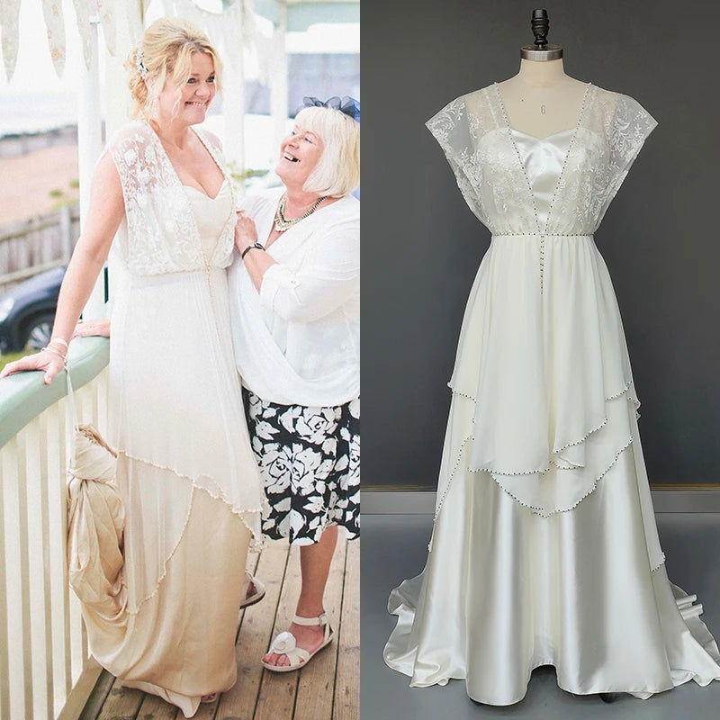 10033# Real Photos Vintage Sweep Train Beach Wedding Dress With Pearls Appliques Lace 1960s Bridal Gown Custom Wedding Gown