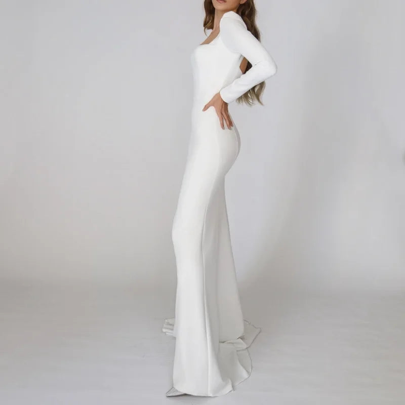 Real Photos Elegant Long Sleeves Square Collar Soft Satin Wedding Gown Engagement Dress for Plus Size Women Prom Evening Dresses