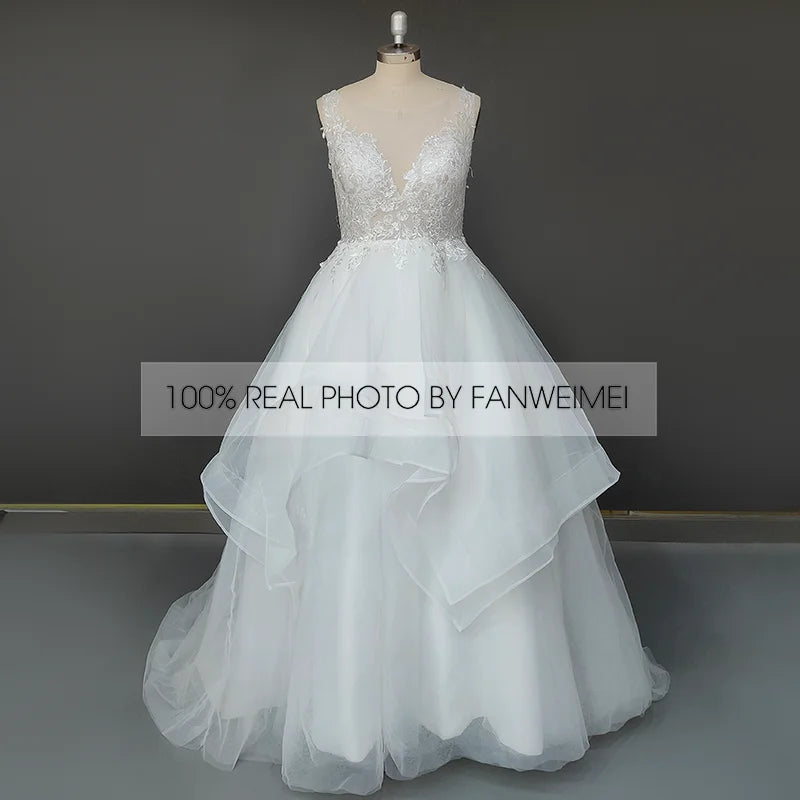Real Photos Elegant Spaghetti Straps V-Neck Applique Lace Ball Gown for Wedding Ruffles Tulle  Women Wedding Dress Bridal Gown