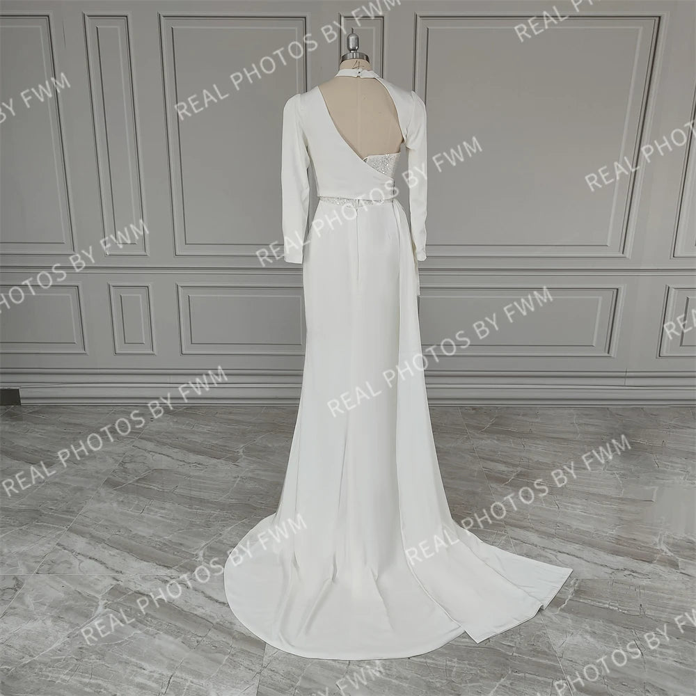 Real Photos Sexy Beading High Side Slit  Satin Wedding Dress Bridal Gown for Women With Detachable Sleeves