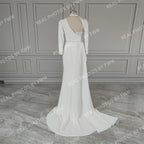 Real Photos Sexy Beading High Side Slit  Satin Wedding Dress Bridal Gown for Women With Detachable Sleeves