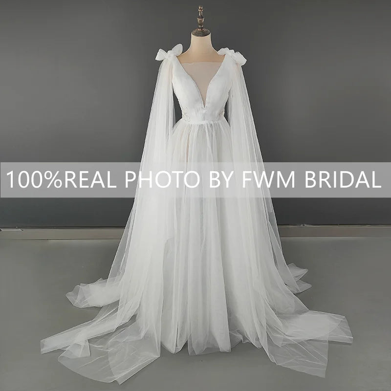 12717# Real Photos Custom Bow Spaghetti Straps Lace A-line Wedding Dress Pleat V-neck Sweep Train Backless Bridal Gown