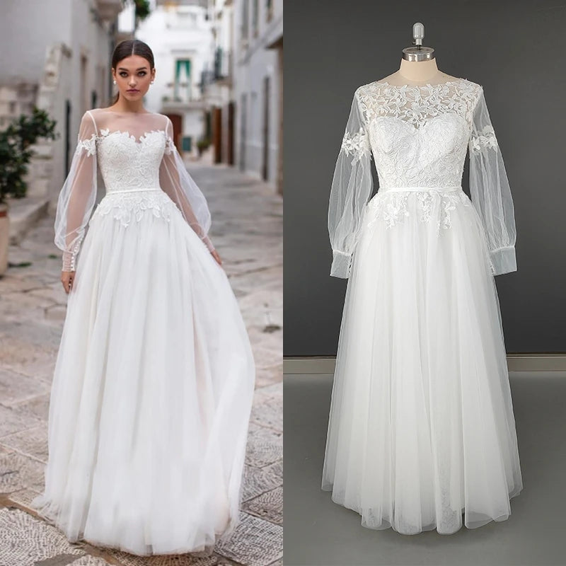 10384# 100% Real Photos Custom Size Long Puffy Sleeves A-line Wedding Dress Elegant Illusion Appliques Lace Bridal Gown