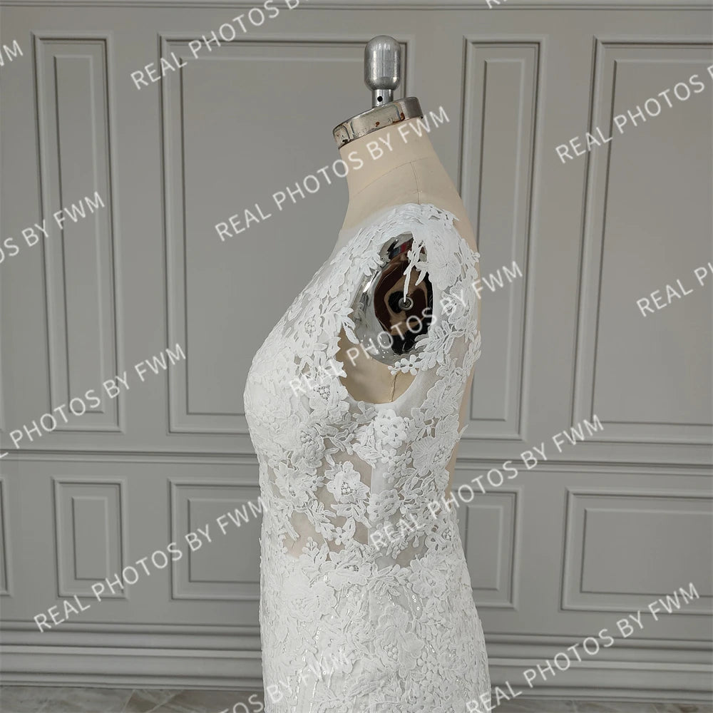 15903# Real Photos Exquisite Appliques Lace Backless Mermaid Wedding Dress Sleeveless Tulle Sweep Train Bridal Gown for Women