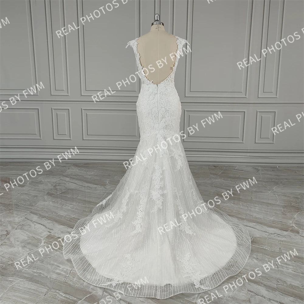 15903# Real Photos Exquisite Appliques Lace Backless Mermaid Wedding Dress Sleeveless Tulle Sweep Train Bridal Gown for Women