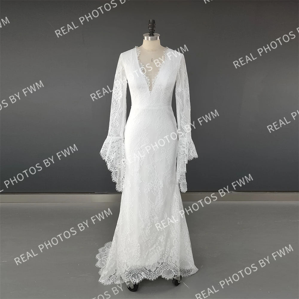 Real Photos Boho Long Sleeves V-Neck Appliques Lace Wedding Dress for Woman Backless Sweep Train Bridal Gown for Wedding