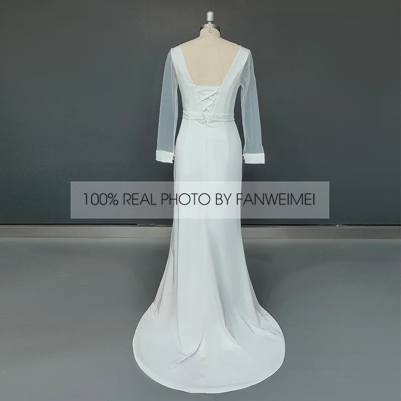 8209#Real Photos Sheer Long Sleeve O-Neck Open Corset Back Sheath Soft Satin Sweep Train Wedding Dress Wedding Bridal Gown