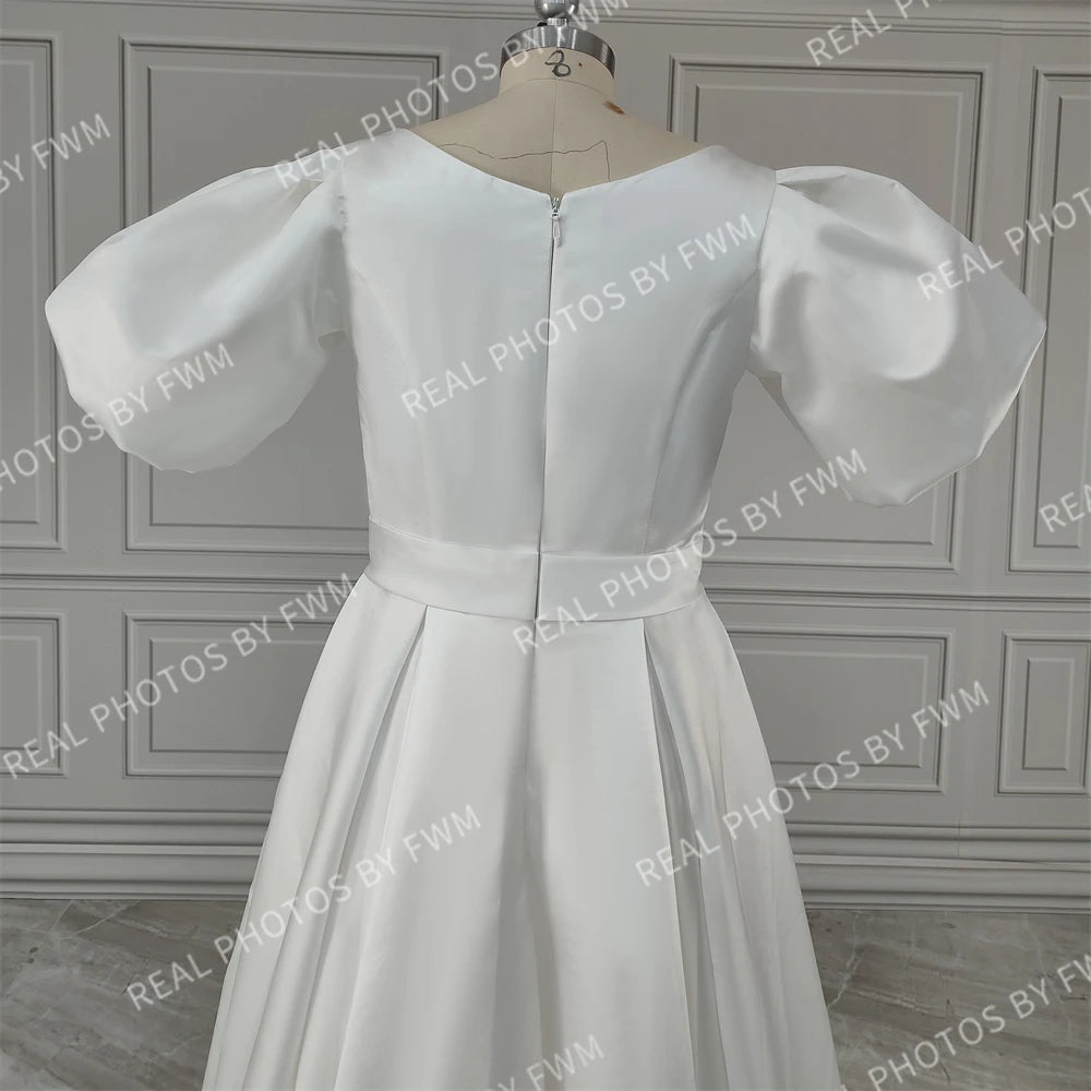 100% Real Photos Elegant Short Puffy Sleeves O-Neck Satin A-line Wedding Dress With Pockets Sweep Train Bride Gown for Women