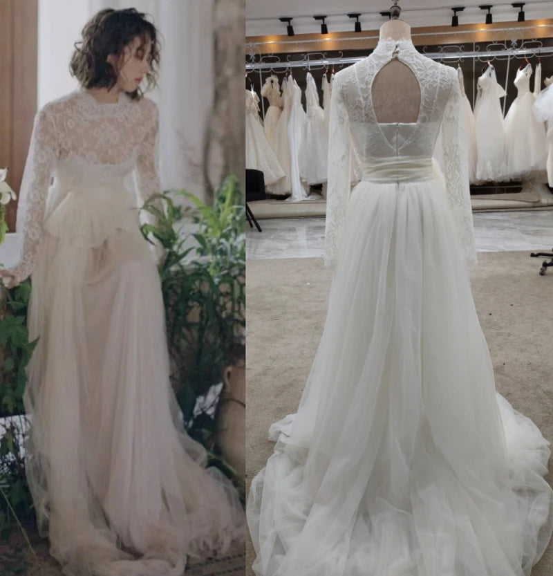 #3147 100% Real Photos A-Line Vintage Special Design Long  Sleeve Lace Soft Light Champagne Open Back Bridal Gown Wedding Dress
