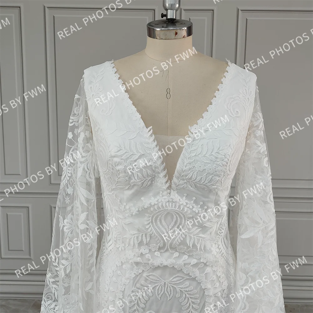 Real Photos High Quality Bohemian Flare Sleeves V-Neck Open Back Lace Wedding Dress Elegant Women Bride Dress for Wedding