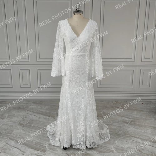 10593# Real Photos Boho Flare Sleeves V-Neck Lace Wedding Dress Sweep Train Backless Bridal Gown for Women Vestido De Novia