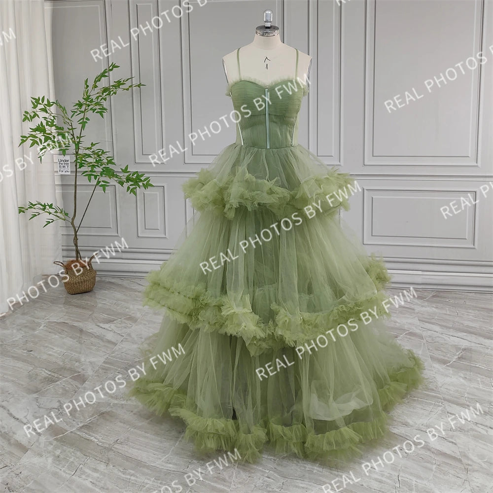 Real Photos Green Spaghetti Strap Ruffles Tulle Ball Gown Birthday Party Dress Women Prom Evening Dresses for Wedding