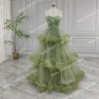 Real Photos Green Spaghetti Strap Ruffles Tulle Ball Gown Birthday Party Dress Women Prom Evening Dresses for Wedding