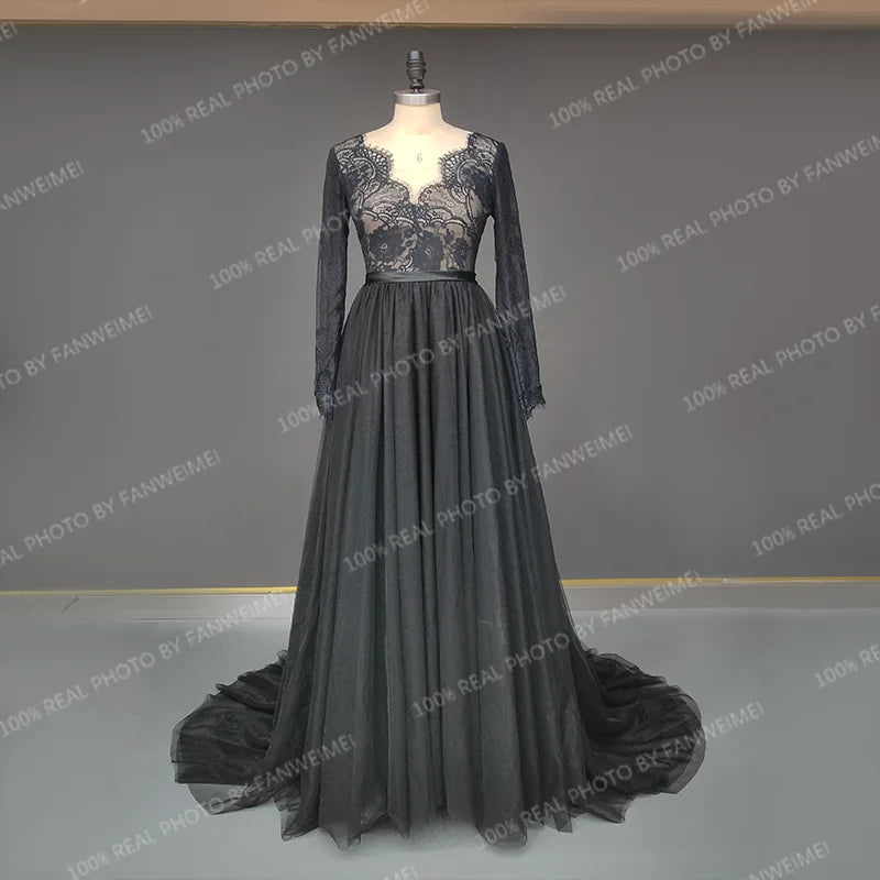 Real Photos High Quality Black Gothic Long Sleeves Lace Wedding Dress for Women Low Back Tulle Bridal Gowns