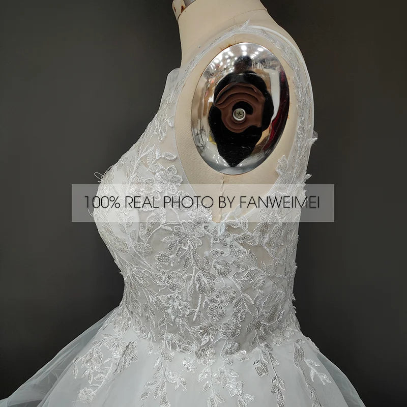 Real Photos Elegant Spaghetti Straps V-Neck Applique Lace Ball Gown for Wedding Ruffles Tulle  Women Wedding Dress Bridal Gown