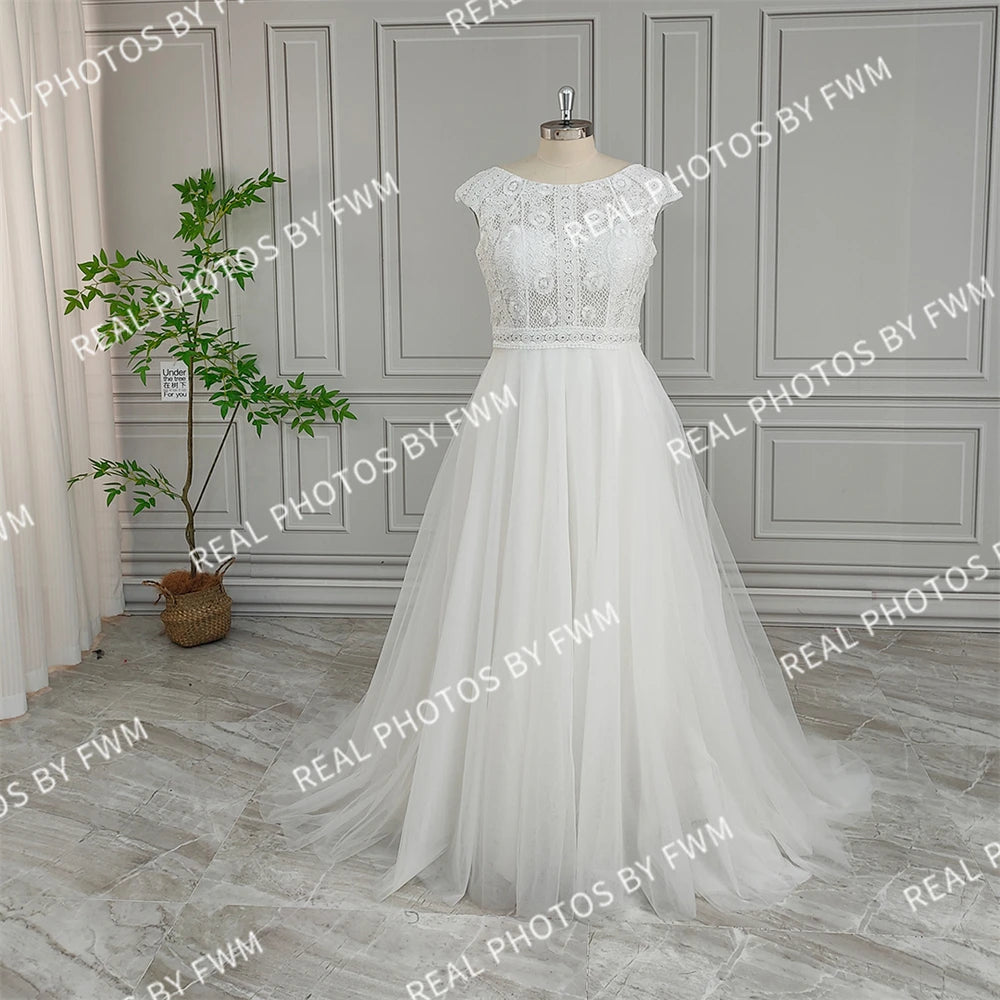 100% Real Photos High Quality Boho Appliques Lace A-line Wedding Dress for Bride 2024 Elegant Backless Tulle Bridal Gown