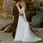 11617#Real Photos A-Line Lace O-Neck Sweep Train Bohemian Long Sleeve Illusion Open Back Wedding Dress Wedding Gown Bridal Gown