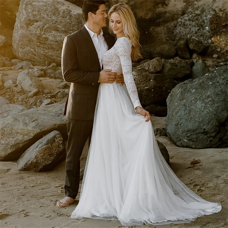 11617#Real Photos A-Line Lace O-Neck Sweep Train Bohemian Long Sleeve Illusion Open Back Wedding Dress Wedding Gown Bridal Gown
