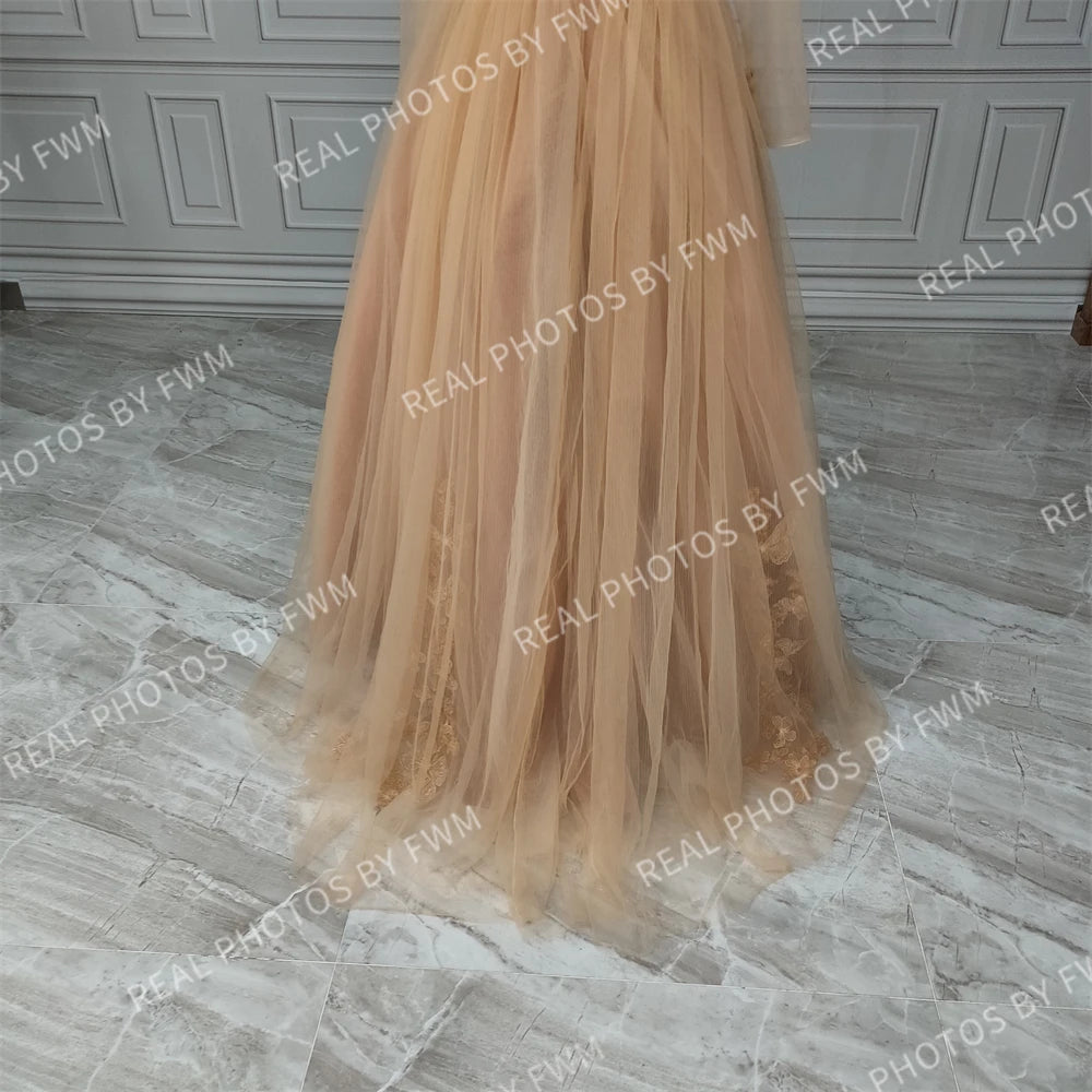 #3113 REAL PHOTOS O-Neck Elegant Champagne Sleeveless Puffy A-Line Bride Gown Wedding Dress for Women Evening Dress Party Dress