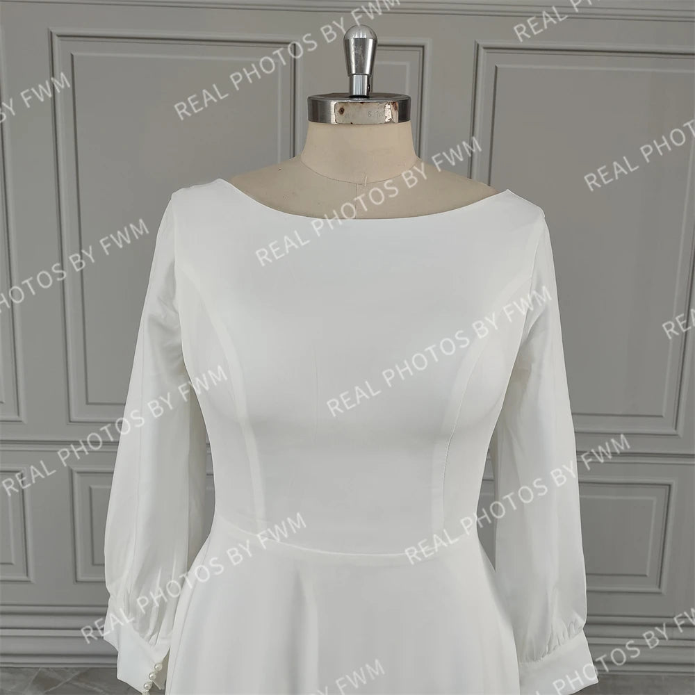 100%  Real Photos Simple Long Sleeves Boat Neck A-line Chiffon Wedding Dress Low Back Bride Gown for Women Vestido De Novia