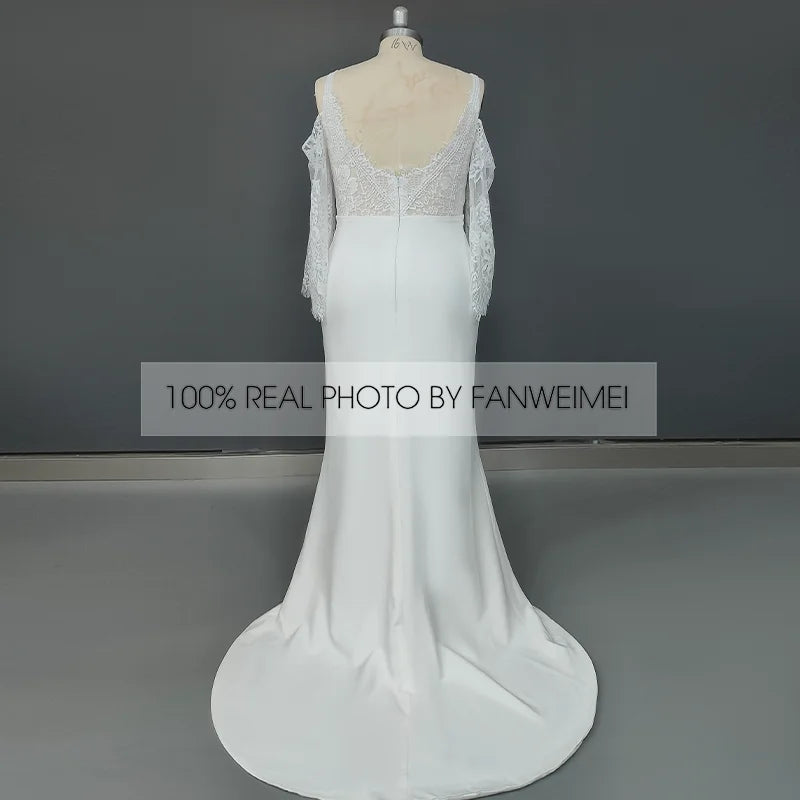 10586#Real Photos Spaghetti Strap Lace Bohemian Deep V-Neck Open Back Sheath Wedding Dress Wedding Bridal Gown