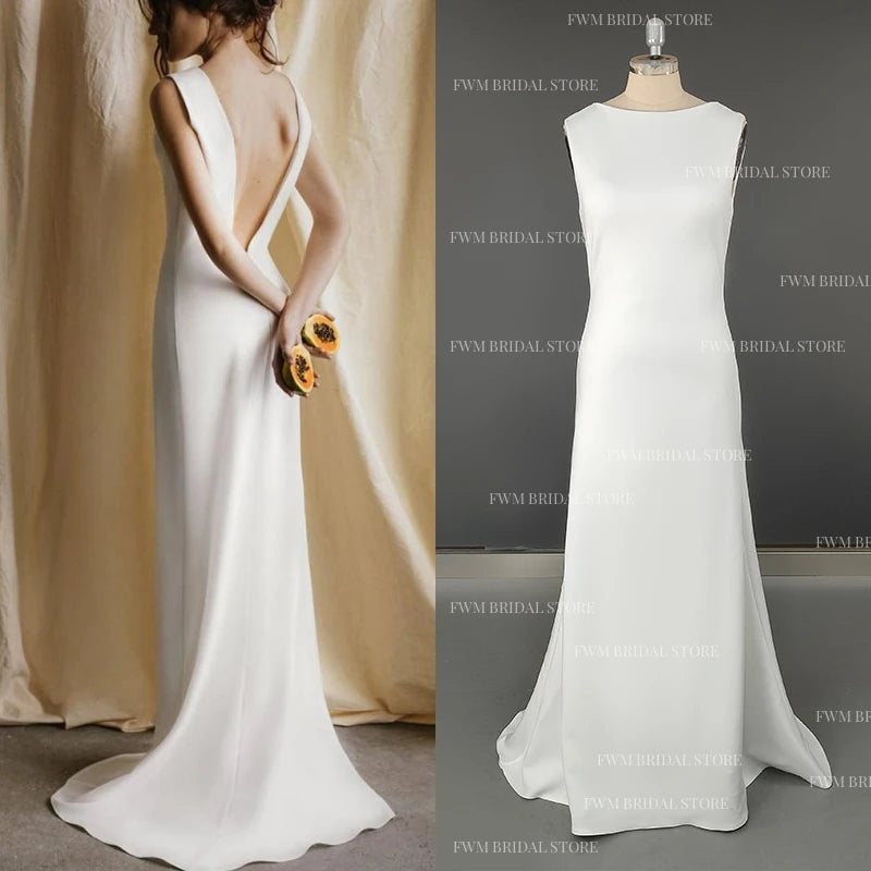 8763#Real Photos Simple Boat Neck Soft Satin Wedding Dress for Engagement Backless Sweep Train Bridal Gown Evening Dress