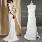 8763#Real Photos Simple Boat Neck Soft Satin Wedding Dress for Engagement Backless Sweep Train Bridal Gown Evening Dress