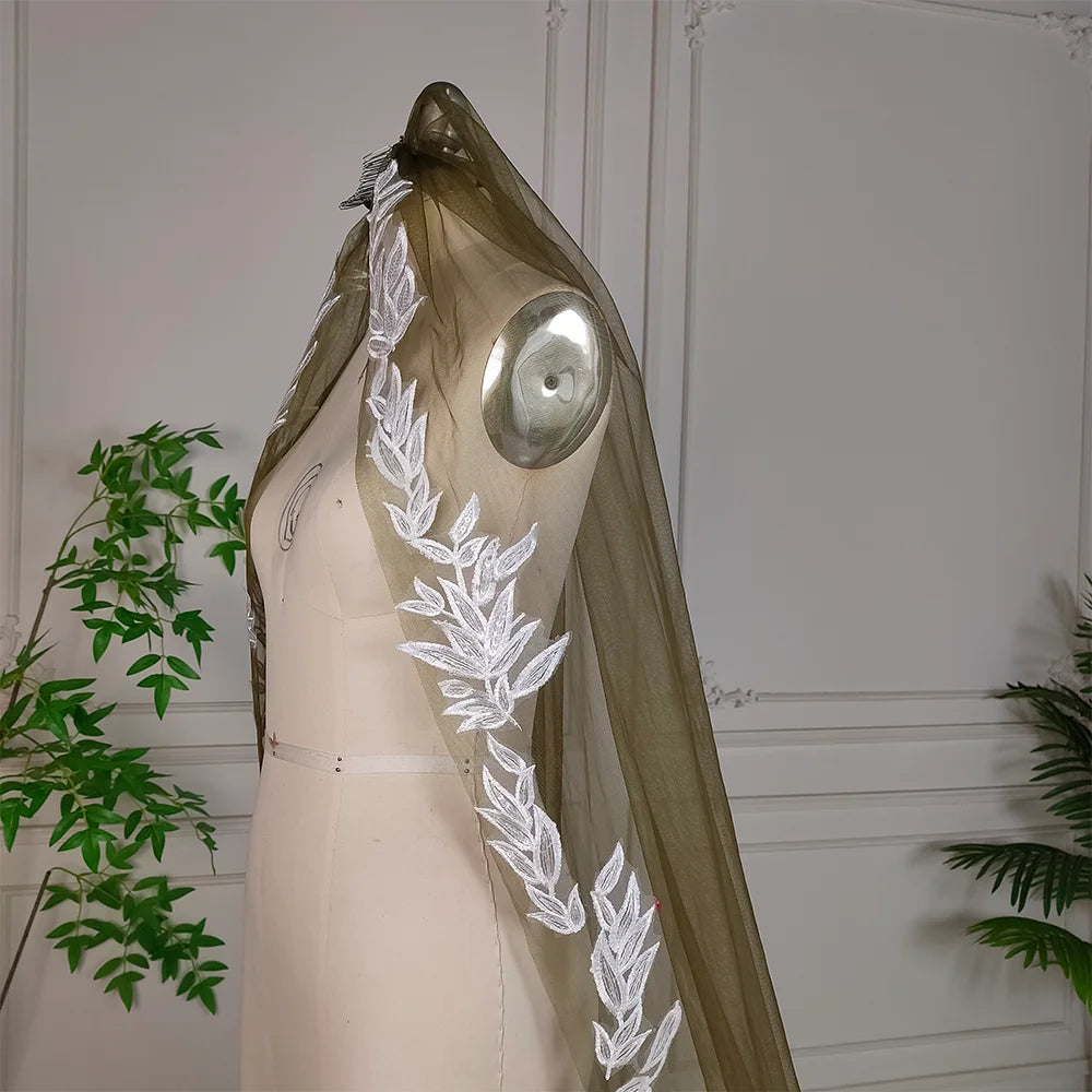Real Photos Dark Green Embroidered Wedding Veil with Hand-stitched Lace Trim Suitable for Women to Wear at an Outdoor Wedding